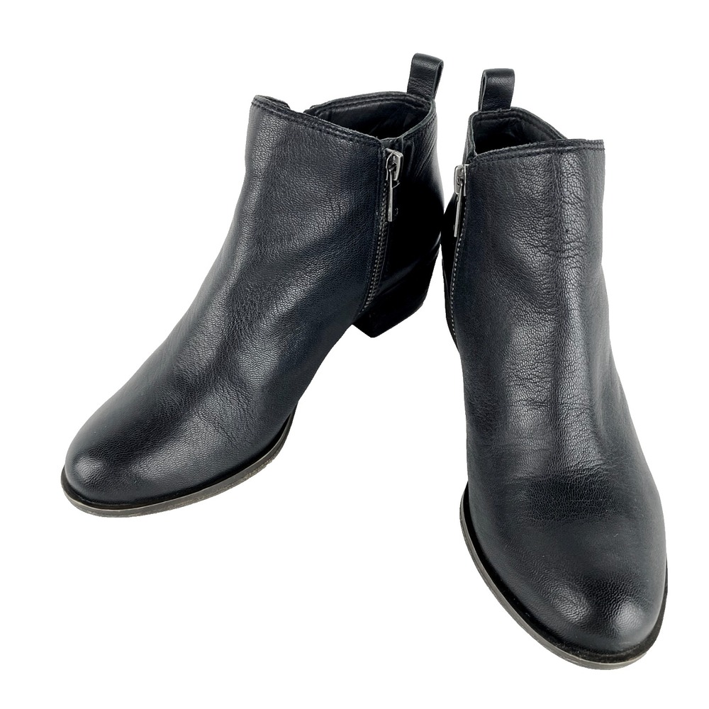 Lucky Brand Leather Ankle Boots Women's 7 M Black Booties Zip Up EUC 1.5" Heels